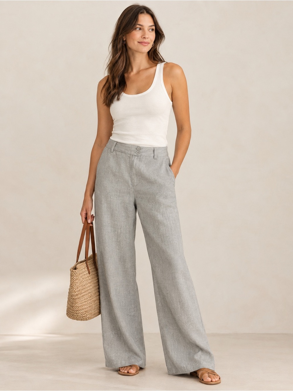 Vintage Made in Canada 100% Linen Wide Leg Trouser Pants Grey Taupe Size 12